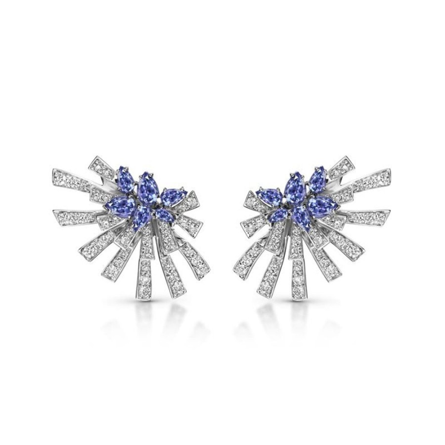 Earring Hueb | 18 Karat Mirage White Gold Earring With Vs-Gh Diamonds And Blue Tanzan