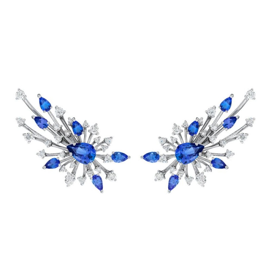 Earring Hueb | 18 Karat Luminus White Gold Earring With Vs-Gh Diamonds And Blue Tanza