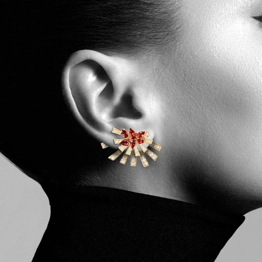 Earring Hueb | 18 Karat Mirage Yellow Gold Earring With Vs-Gh Diamonds And Red Ruby