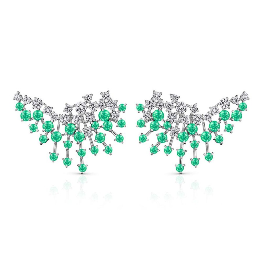 Earring Hueb | 18 Karat Luminus White Gold Earring With Vs-Gh Diamonds And Green Emer