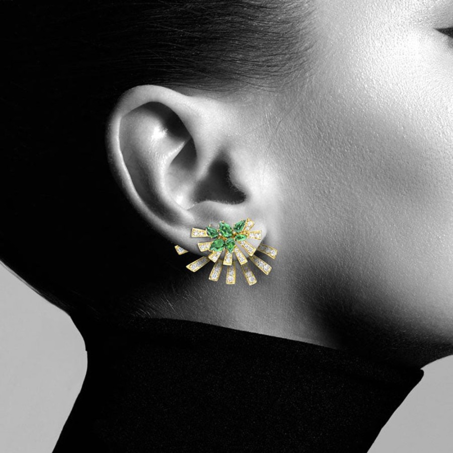 Earring Hueb | 18 Karat Mirage Yellow Gold Earring With Vs-Gh Diamonds And Green Emer