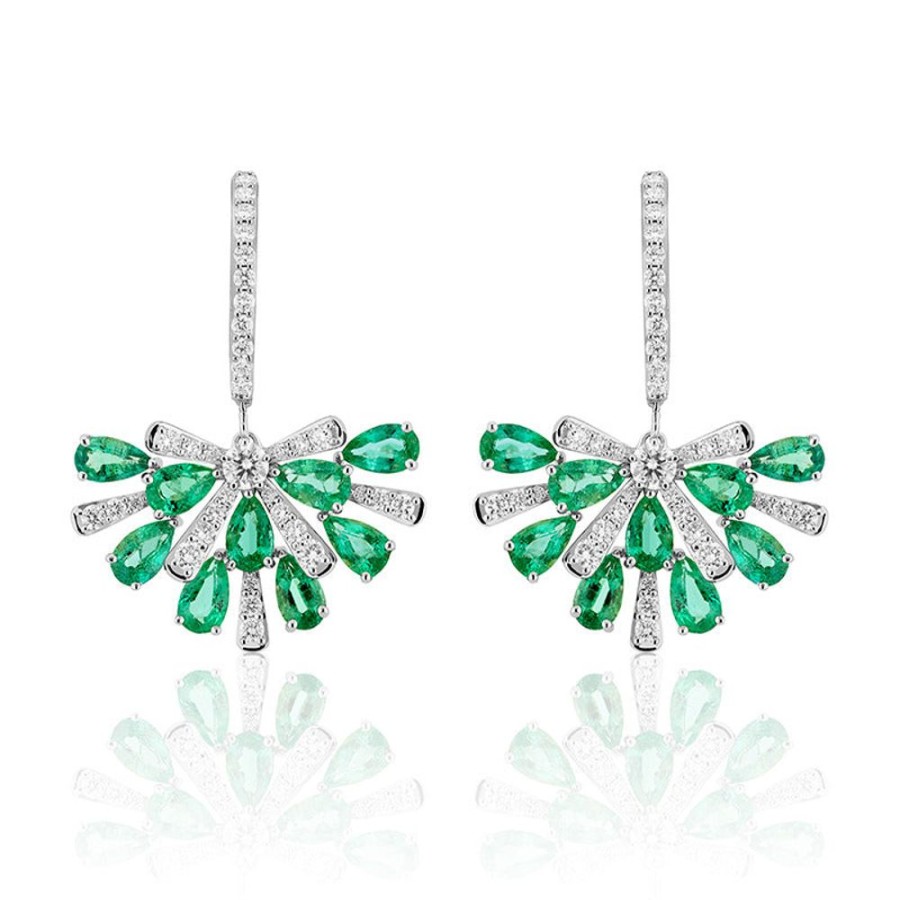 Earring Hueb | 18 Karat Botanica White Gold Earring With Vs-Gh Diamonds And Green Eme