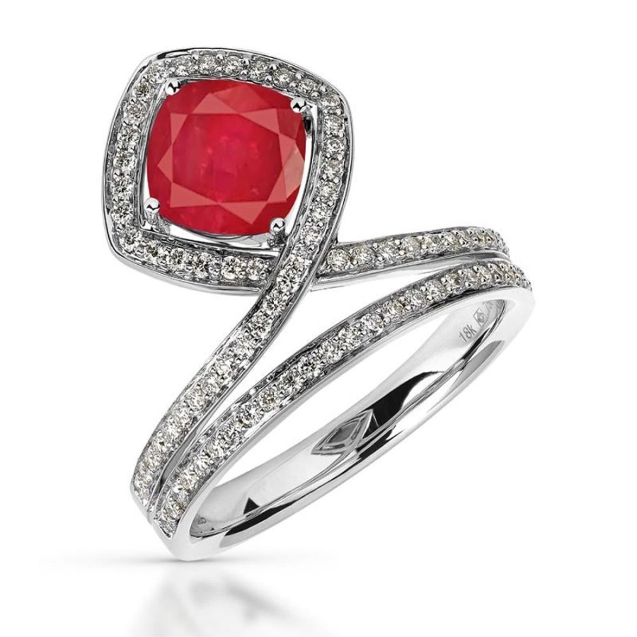 Ring Hueb | 18 Karat Spectrum White Gold Ring With Vs-Gh Diamonds And Red Ruby