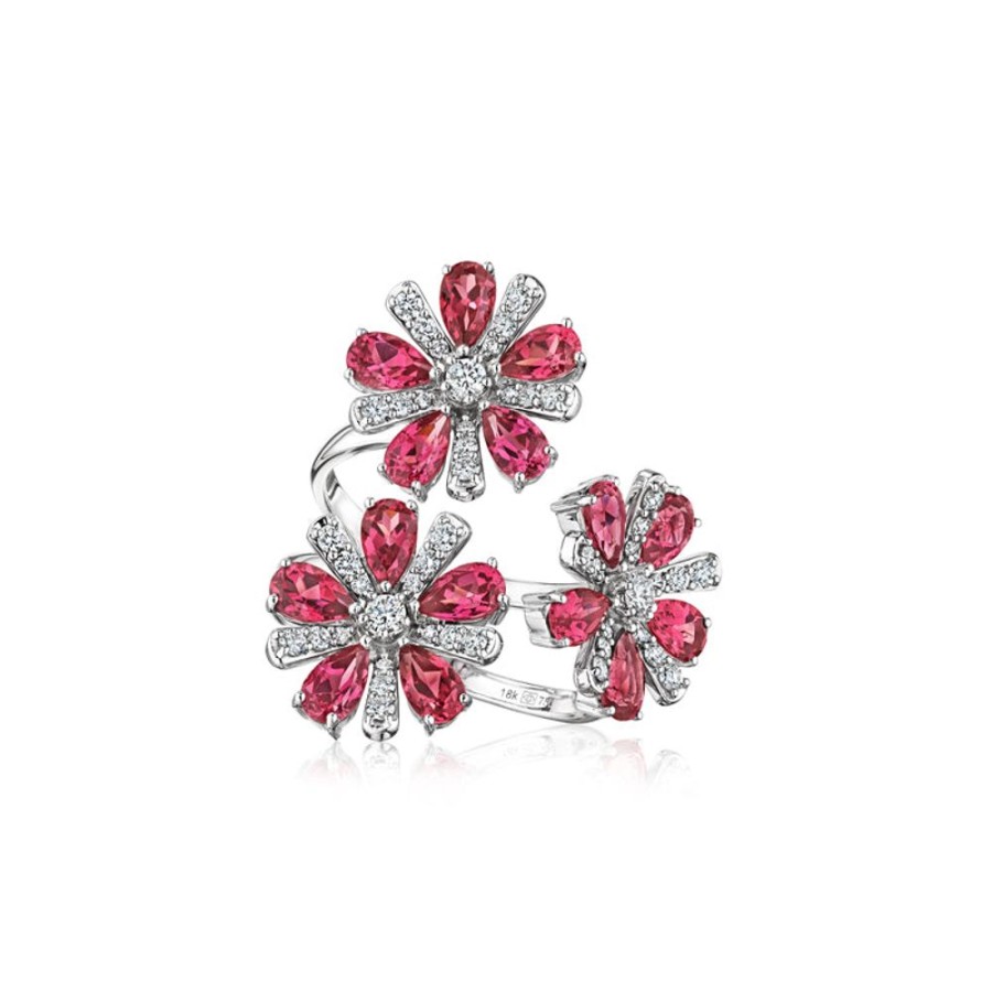 Ring Hueb | 18 Karat Botanica White Gold Ring With Vs-Gh Diamonds And Raspberry Rh