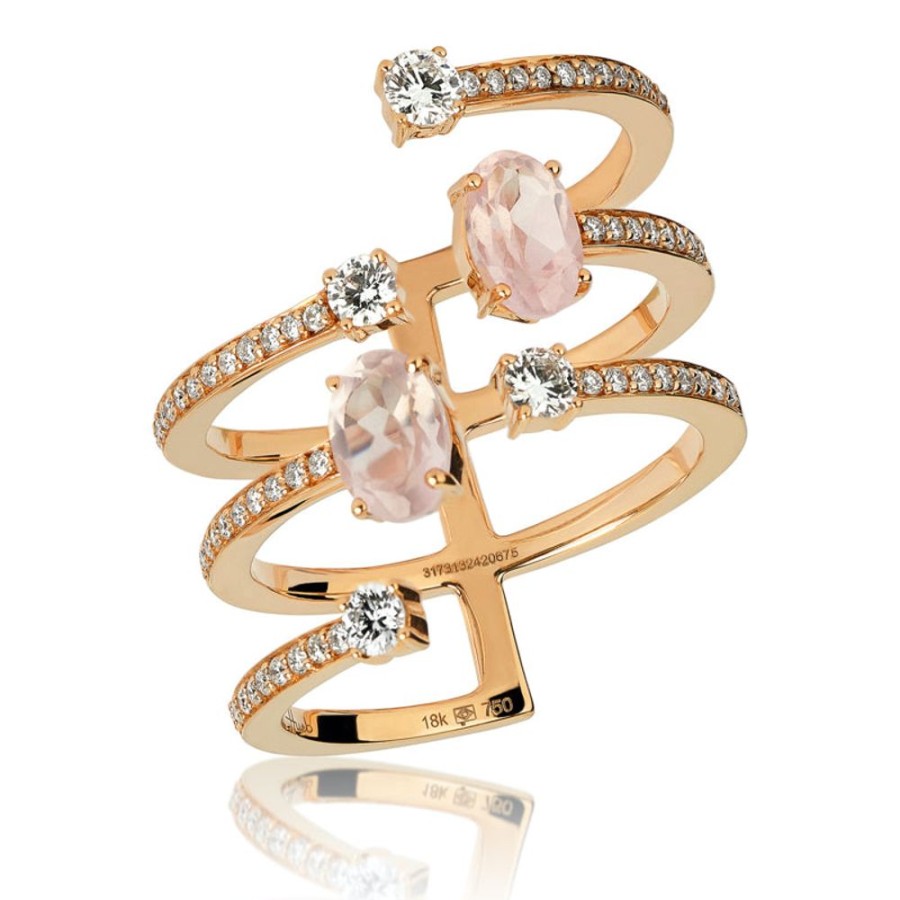 Ring Hueb | 18 Karat Spectrum Pink Gold Ring With Vs-Gh Diamonds And Rose Quartz