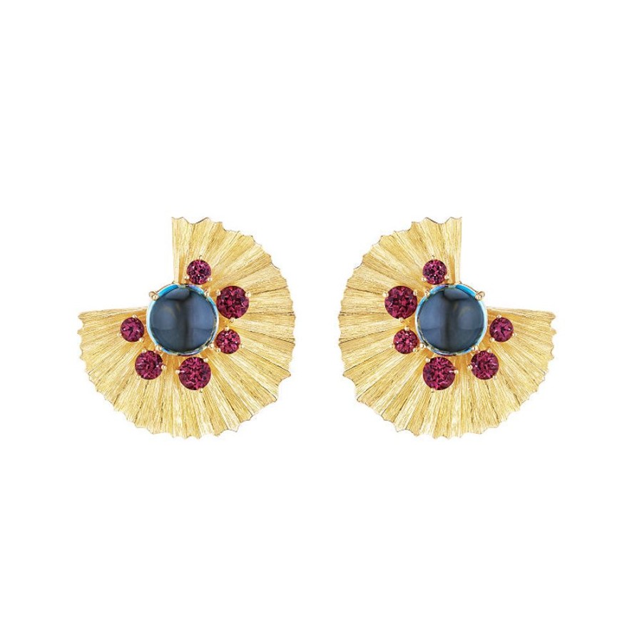 Earring Hueb | 18 Karat Bahia Yellow Gold Earring With Raspberry Rhodolite And Imperi