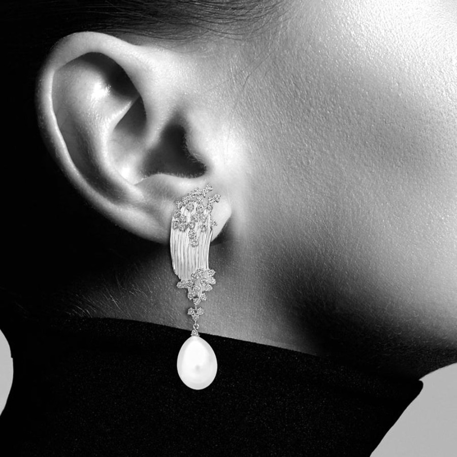 Earring Hueb | 18 Karat Bahia White Gold Earring With Vs-Gh Diamonds And White Pearl