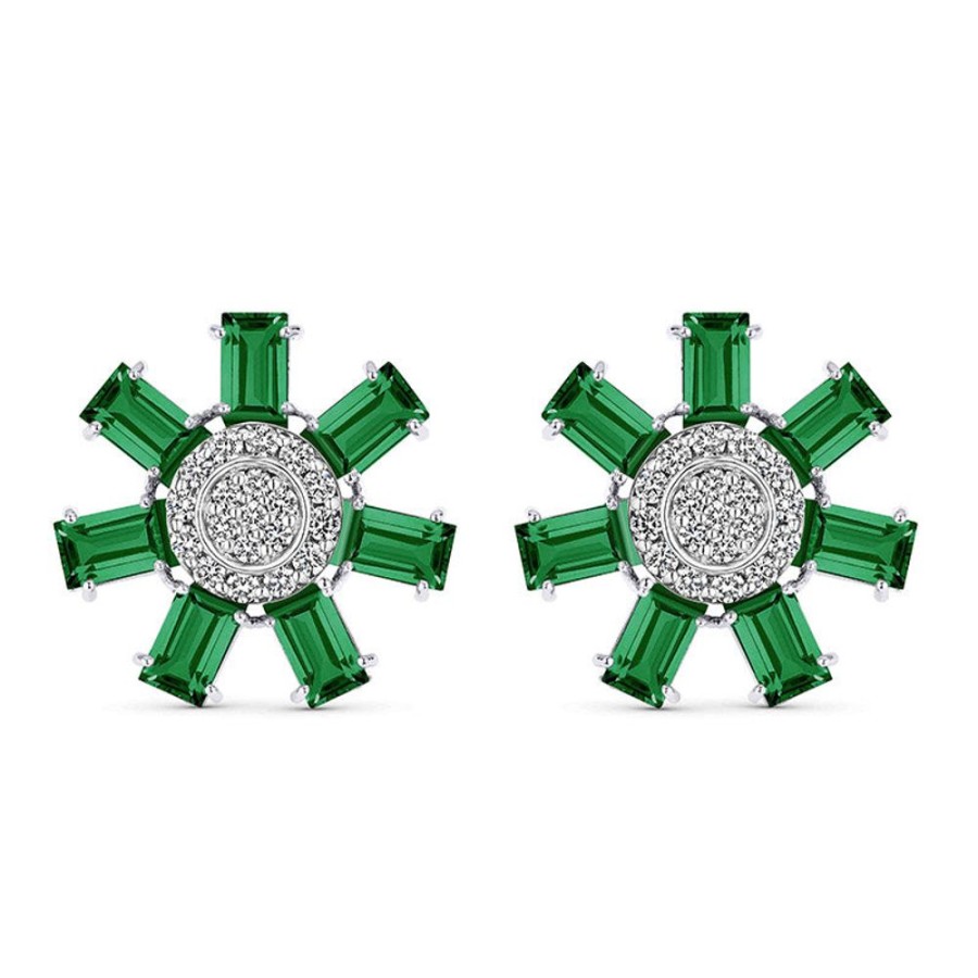 Earring Hueb | 18 Karat Bestow White Gold Earring With Vs-Gh Diamonds And Green Chalc