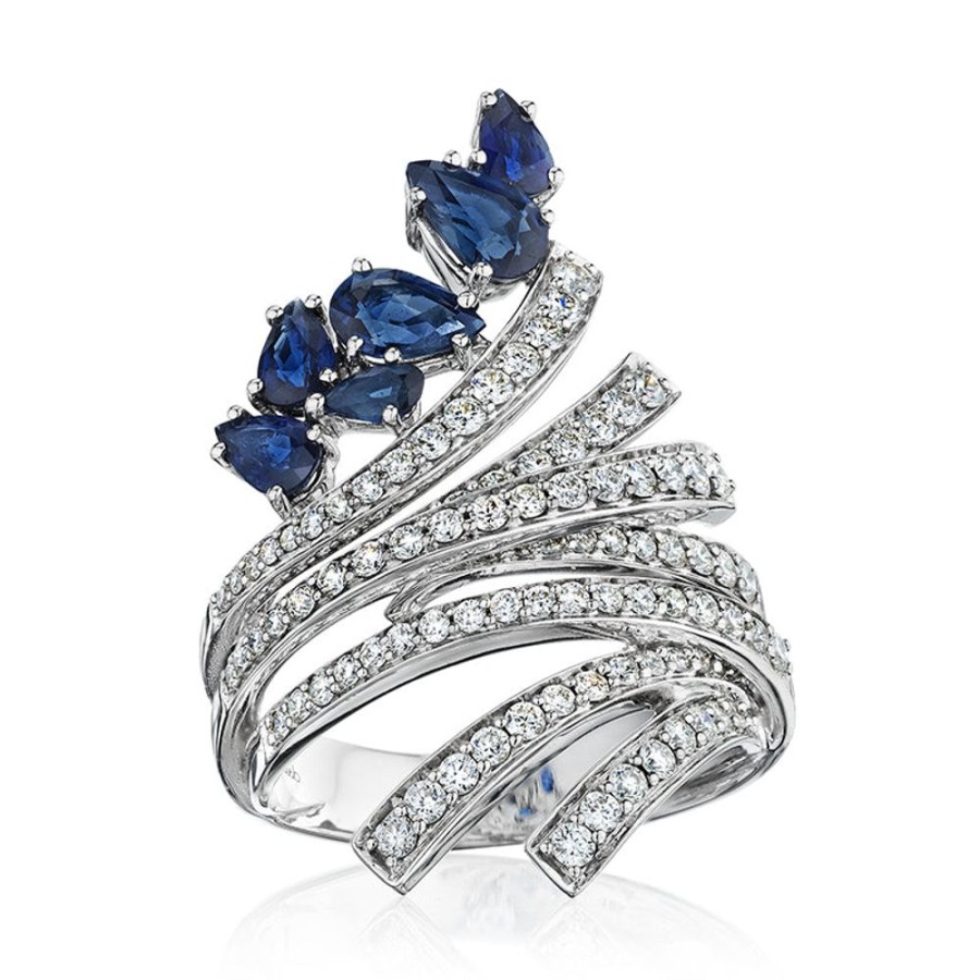 Ring Hueb | 18 Karat Mirage White Gold Ring With Vs-Gh Diamonds And Blue Sapphire