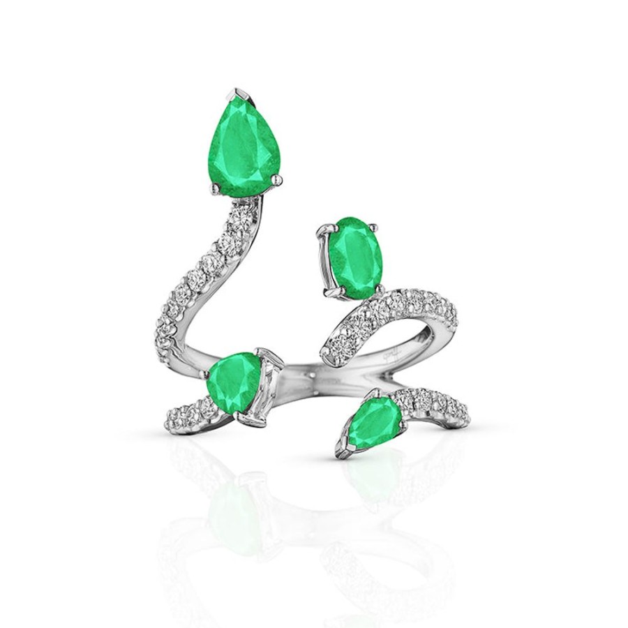 Ring Hueb | 18 Karat Mirage White Gold Ring With Vs-Gh Diamonds And Green Emerald