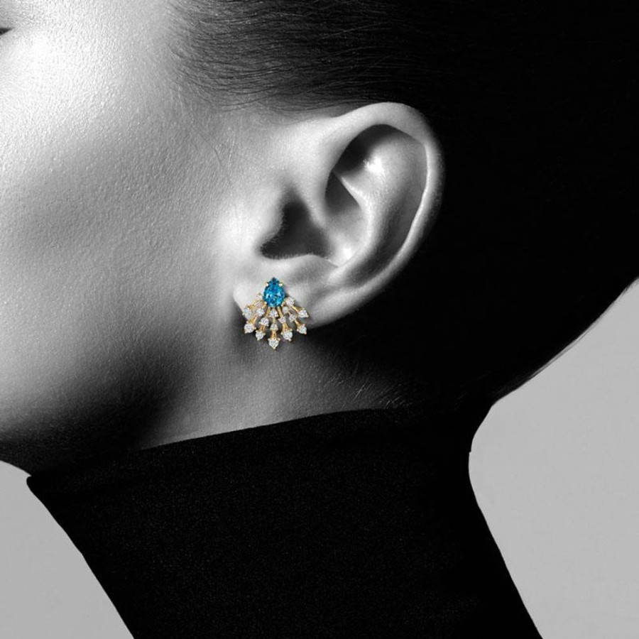 Earring Hueb | 18 Karat Luminus Yellow Gold Earring With Vs-Gh Diamonds And Blue Topa