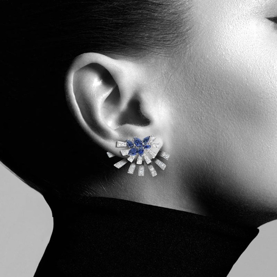 Earring Hueb | 18 Karat Mirage White Gold Earring With Vs-Gh Diamonds And Blue Sapphi