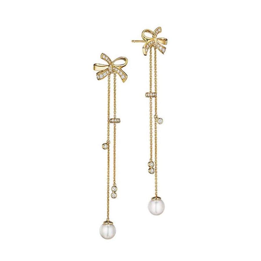 Earring Hueb | 18 Karat Romance Yellow Gold Earring With Vs-Gh Diamonds And White Pea