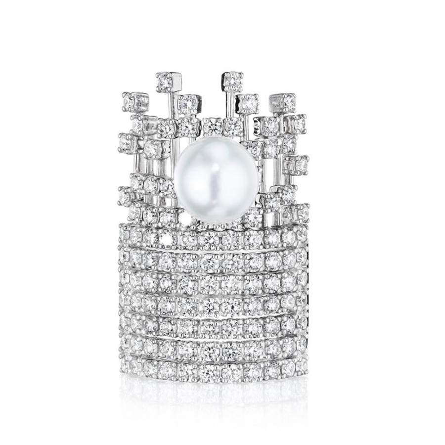 Ring Hueb | 18 Karat Luminus White Gold Ring With Vs-Gh Diamonds And White Pearl