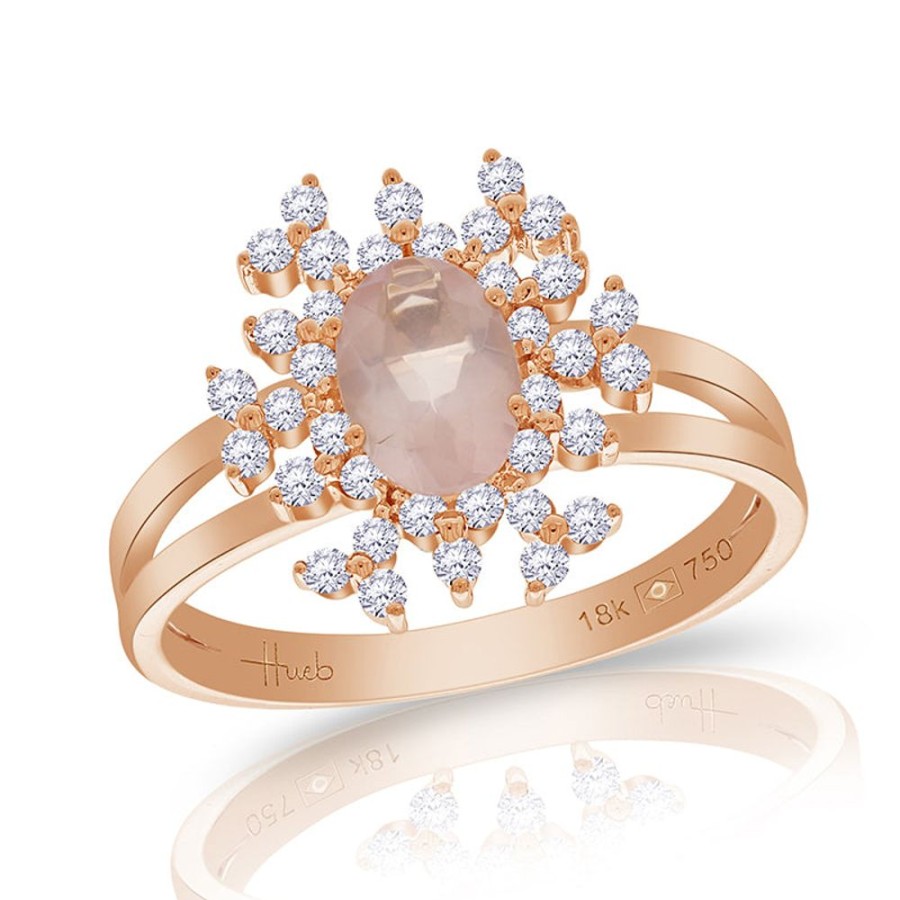 Ring Hueb | 18 Karat Bestow Pink Gold Ring With Vs-Gh Diamonds And Rose Quartz