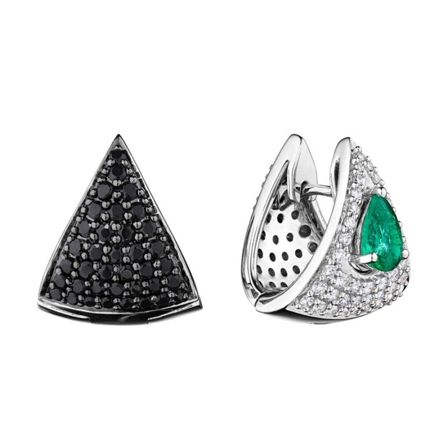 Earring Hueb | 18 Karat Mirage White Gold Earring With Vs-Gh Diamonds And Green Emera