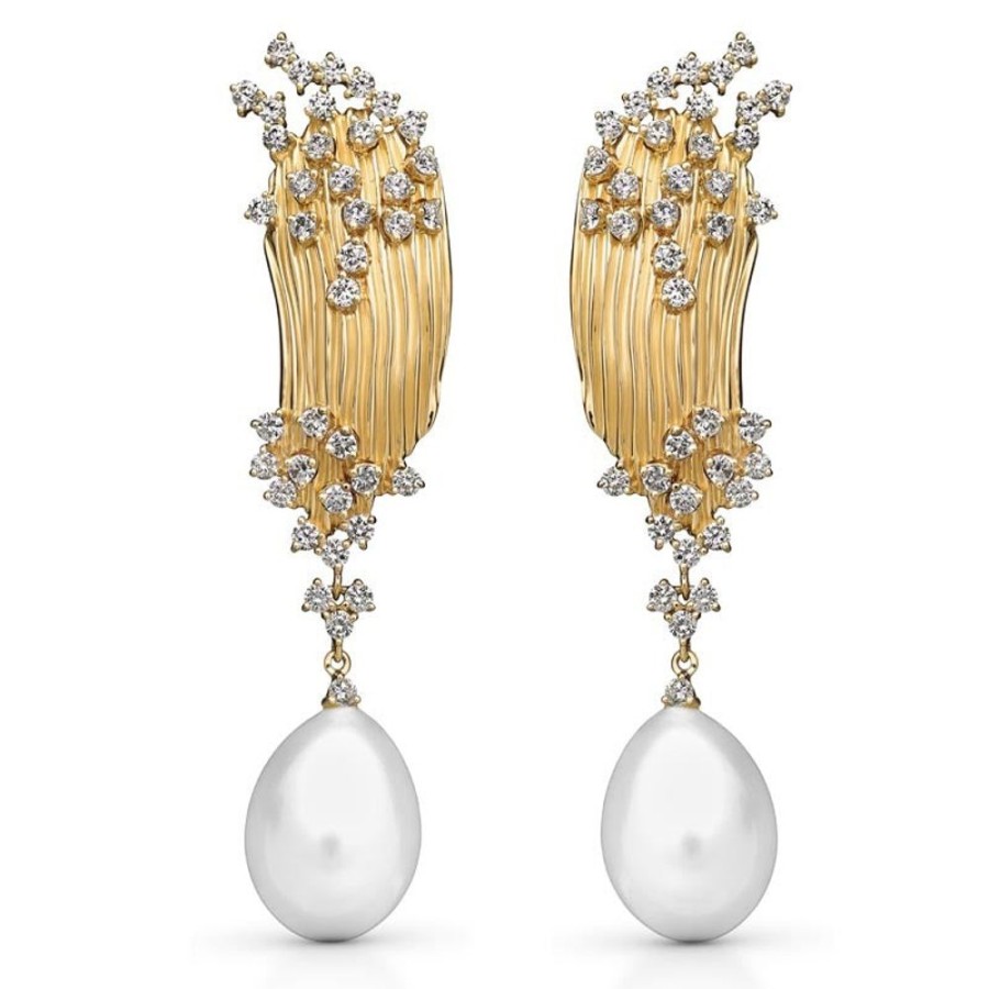 Earring Hueb | 18 Karat Bahia Yellow Gold Earring With Vs-Gh Diamonds And White Pearl