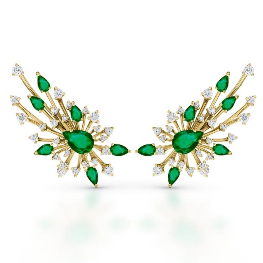 Earring Hueb | 18 Karat Luminus Yellow Gold Earring With Vs-Gh Diamonds And Green Eme